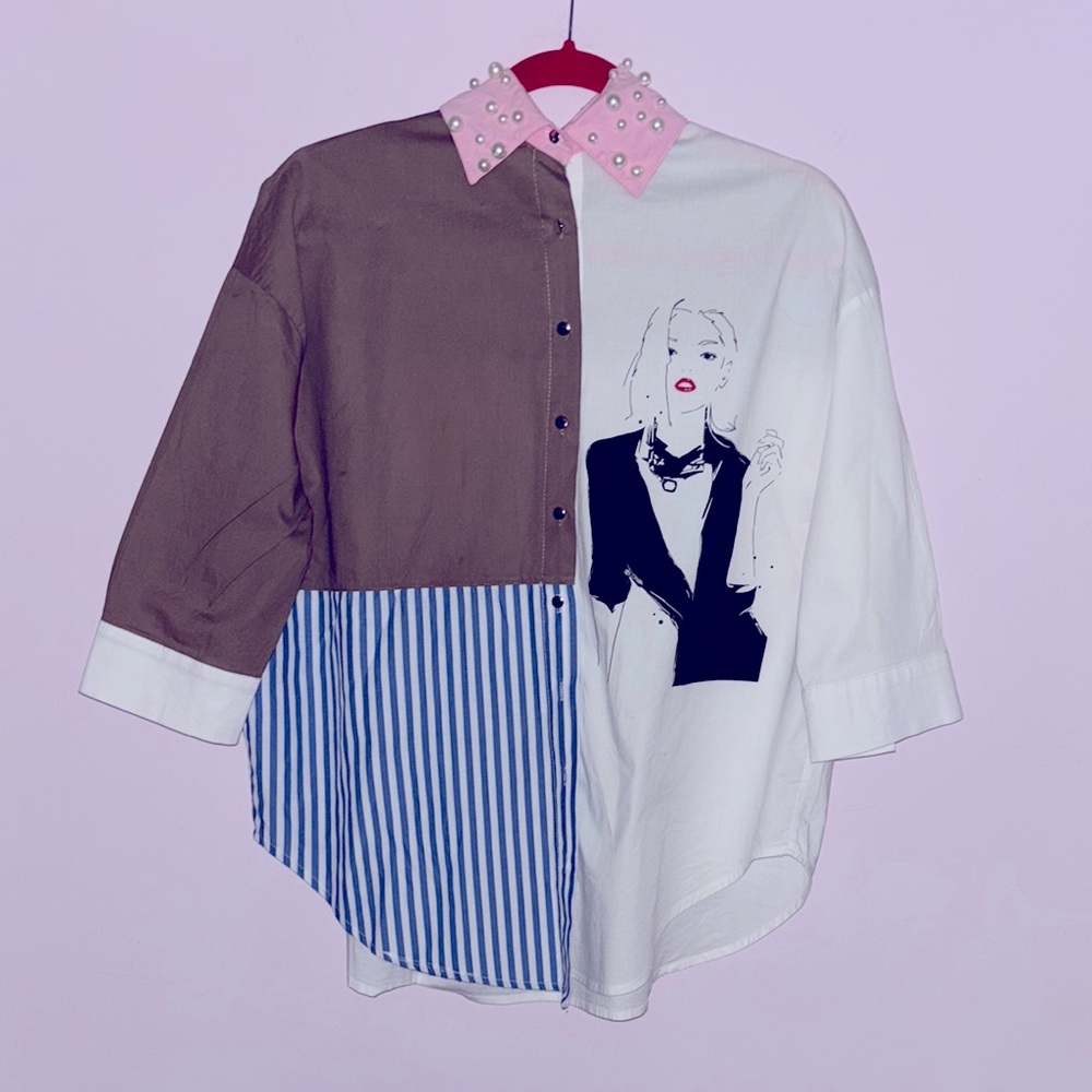 Design Lab..Brown and White Graphic Button-Up Shirt